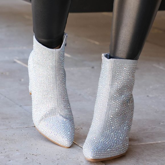 NEW🔥 Bling Silver Rhinestone Crystal Block Heel Ankle Booties Boots Pointed Toe - Picture 8 of 10